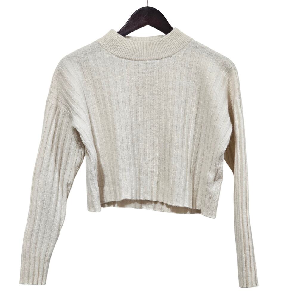 Madewell Cropped Ribbed Sweater Wool Blend Cream Mock Neck Size M